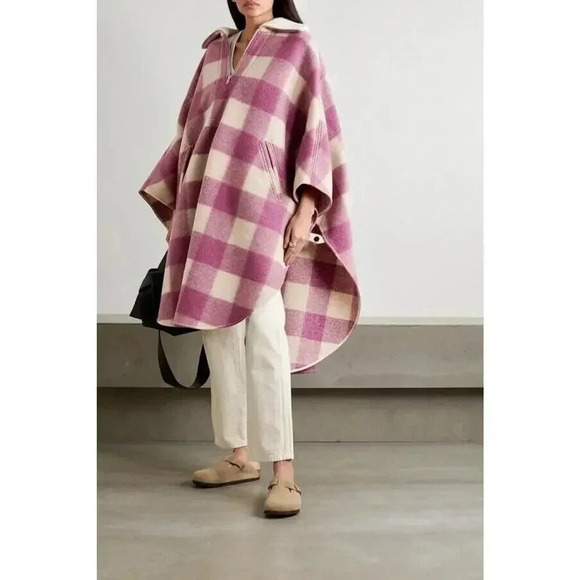 Isabel Marant Etoile Gabrin Gingham Checked FLannel Cape Jacket Coat Pin…